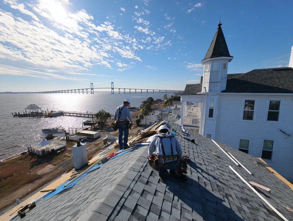 A roof installation on a waterfront home